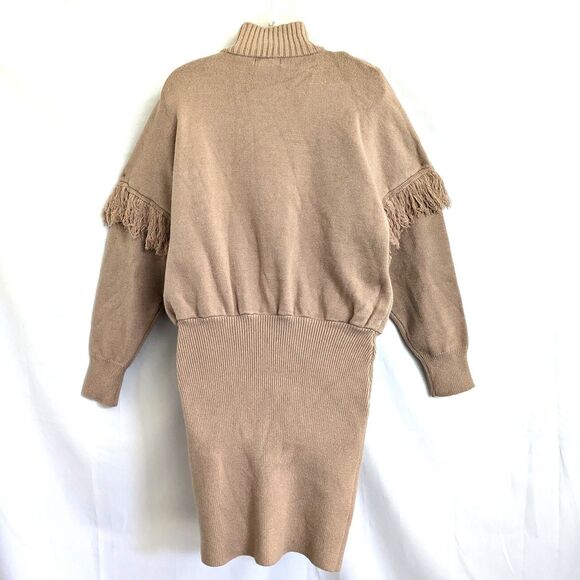 Fashion Nova Isla Taupe Fringed Mini Sweater Dress Size Small Heavy Knit - Picture 5 of 13